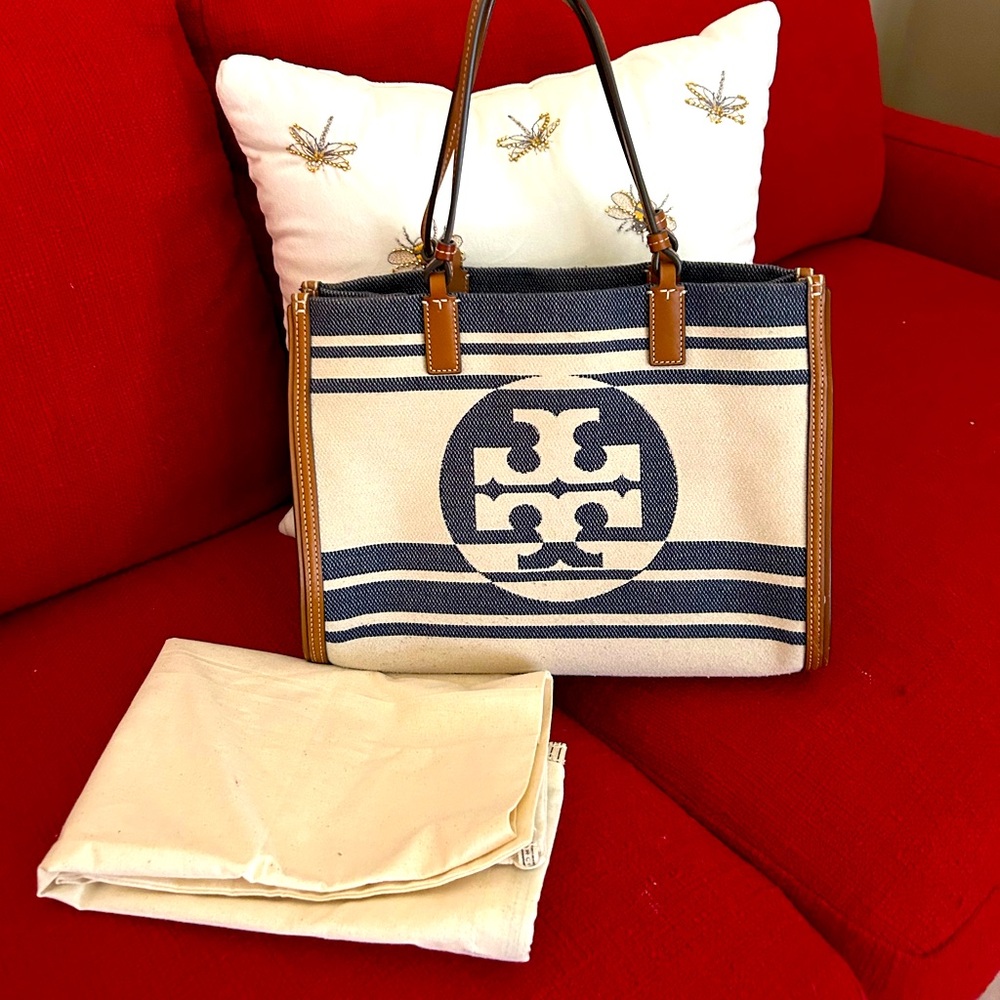 Tory Burch Blue and Beige Striped Tote